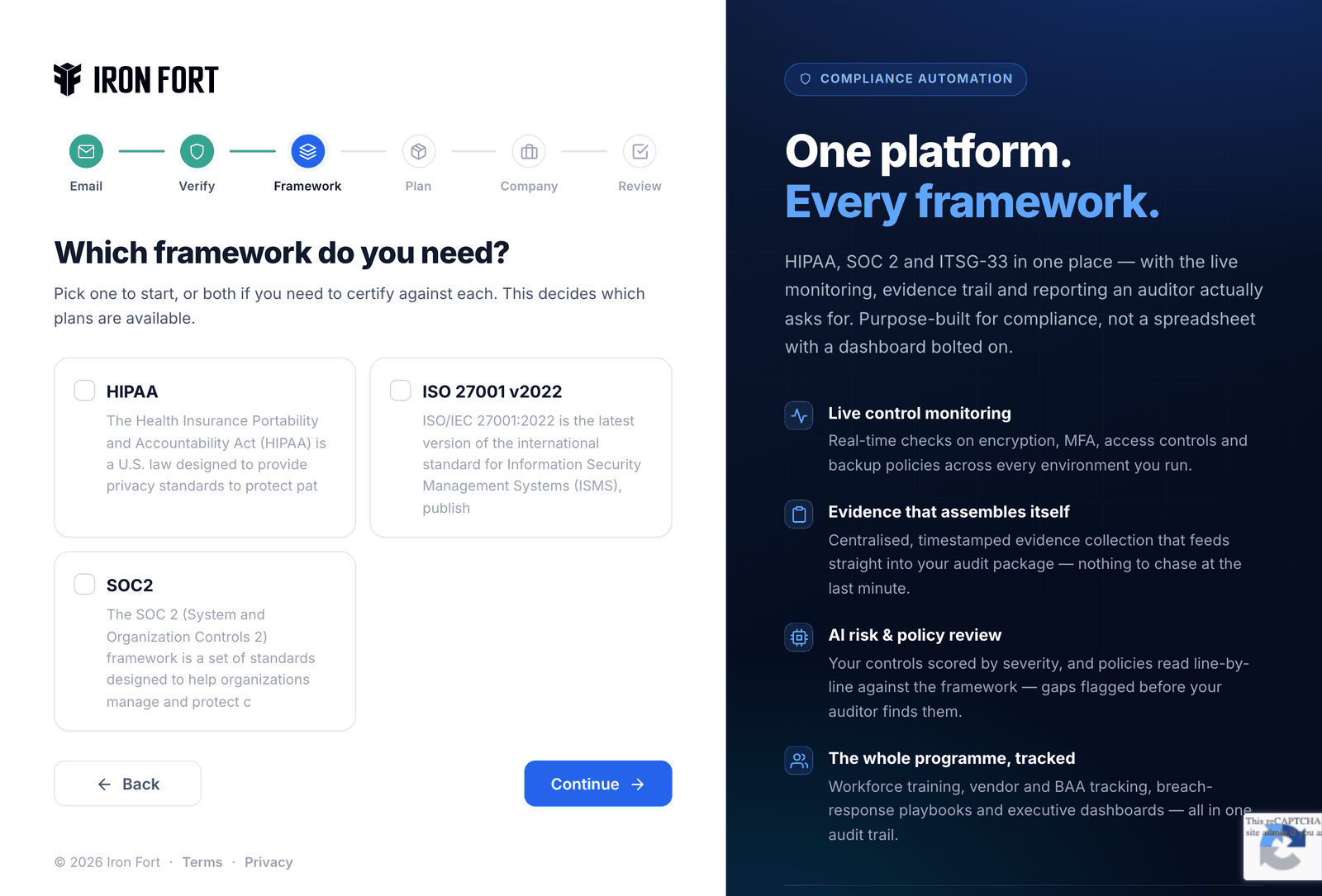 Choose your frameworks — step 5 of redeeming an Iron Fort Dealify code