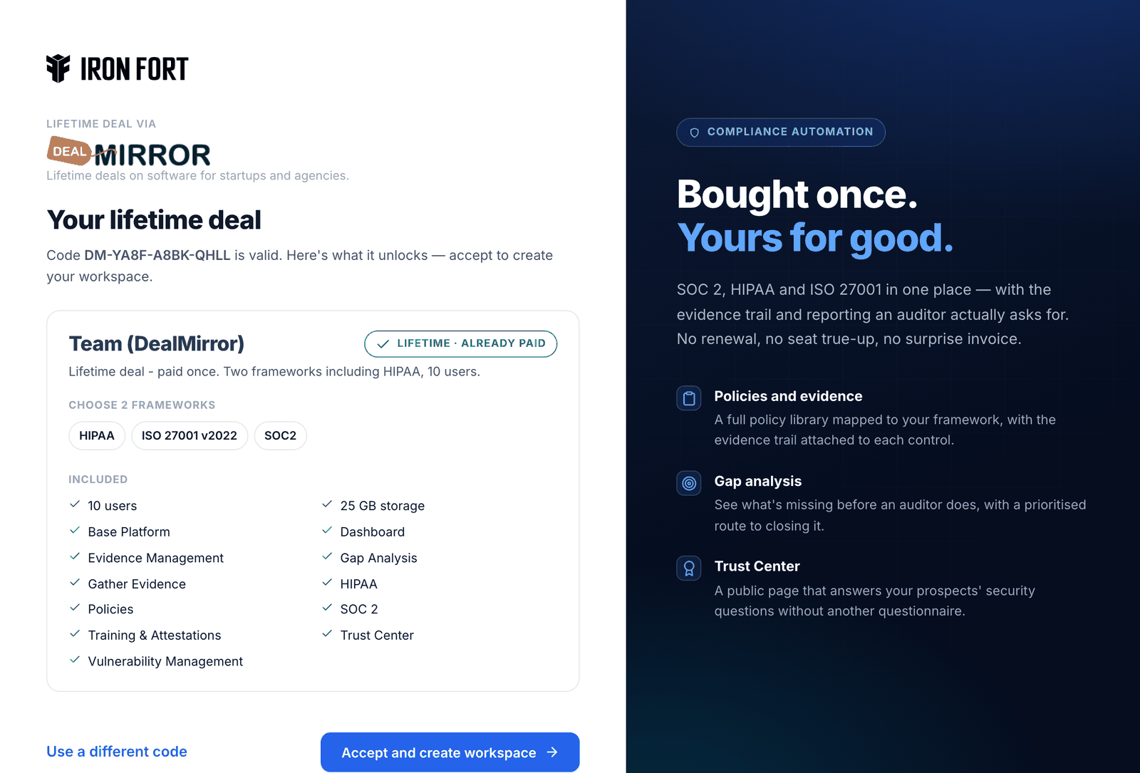 See exactly what it unlocks — step 2 of redeeming an Iron Fort DealMirror code